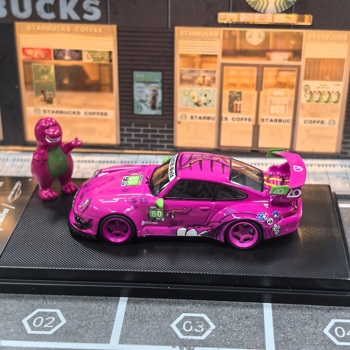 MC 1:64 Pink Dinosaur #80 RWB Porsche 993 Sports Model Diecast Metal Car Model