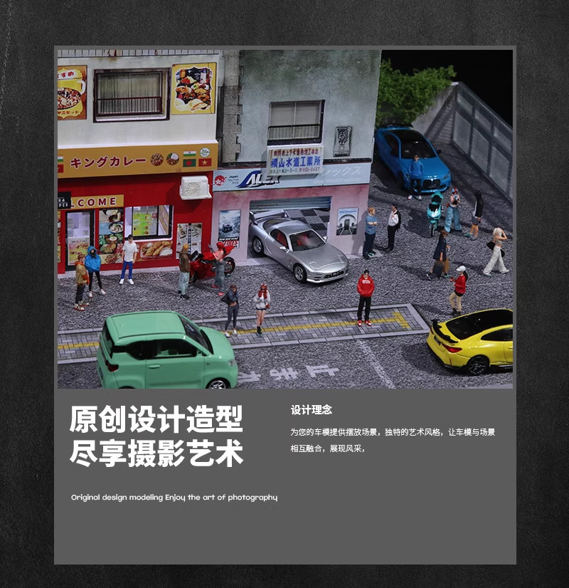 1:64 Scale Diorama LED-Light car Garage City Street Store Building Scene Model