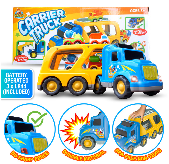 5-in-1 Carrier Truck Toy Set w/ Lights & Sound – Car Gift for Kids 3 – 7 years