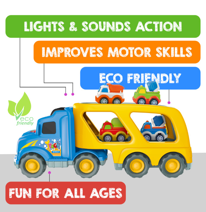 5-in-1 Carrier Truck Toy Set w/ Lights & Sound – Car Gift for Kids 3 – 7 years