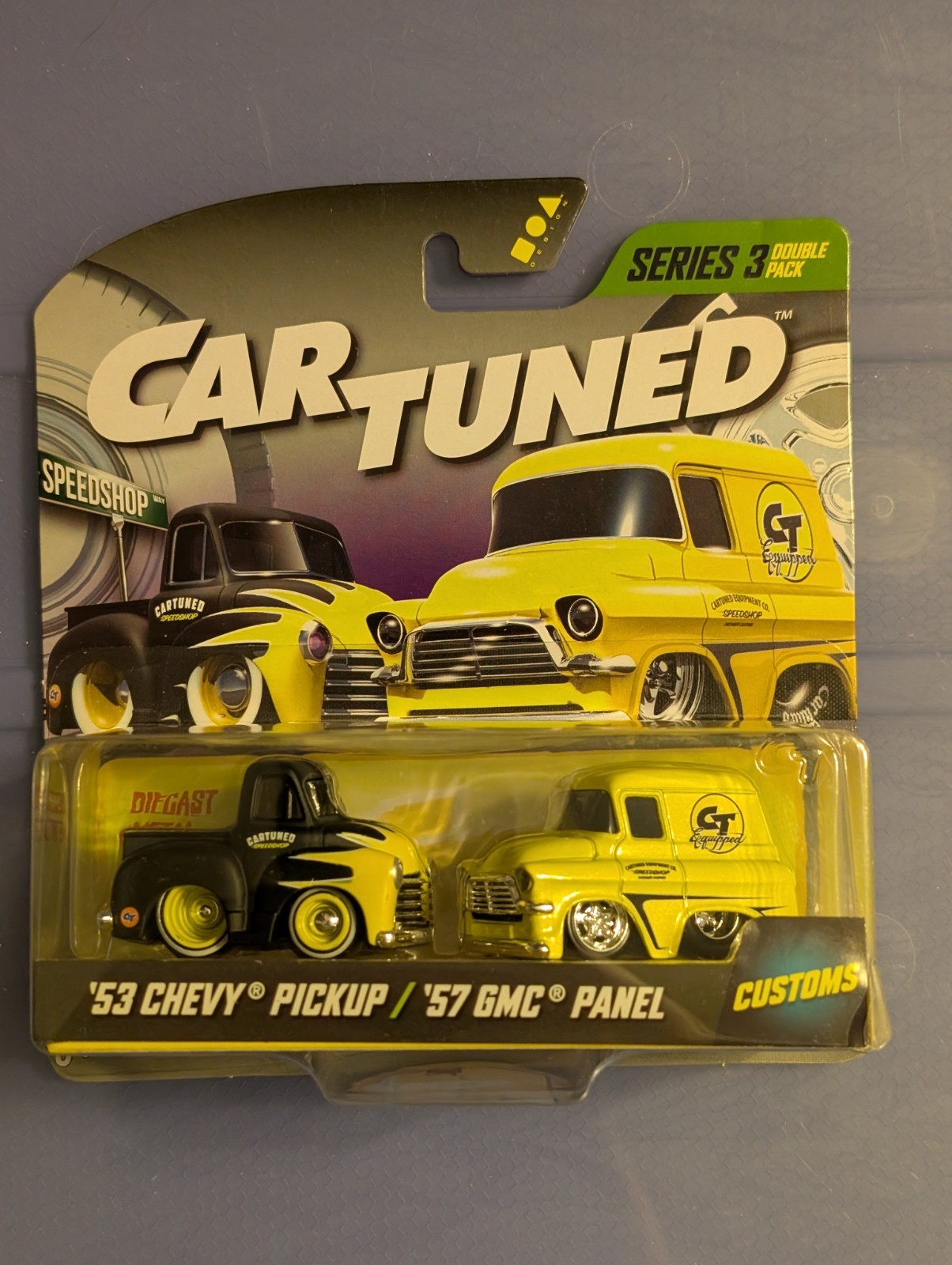 CARTUNED Series 3 ’53 Chevy Pickup & ’57 GMC Panel Diecast Black Yellow Customs