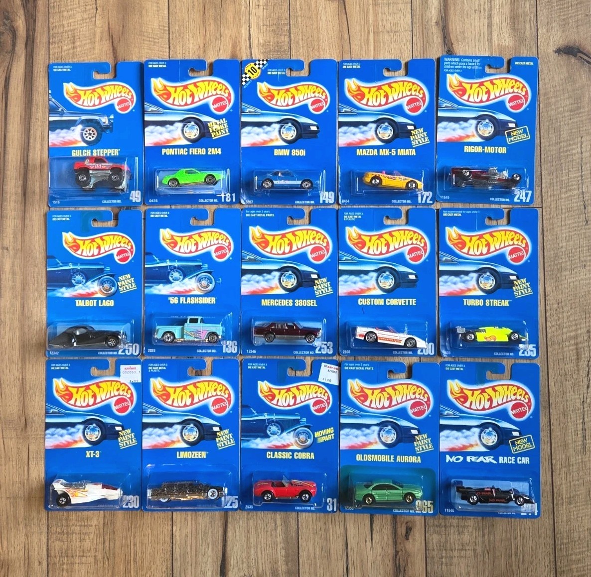 Hot Wheels Lot Of 15 Blue Cards, Pontiac, BMW, Olds, Cobra, Chevy, Mazda, 380SEL