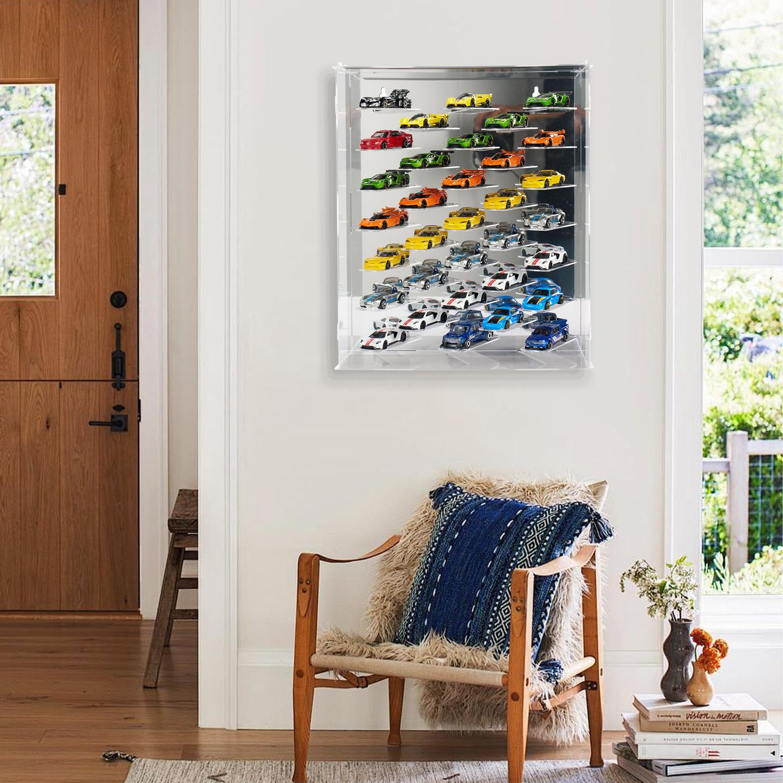 Display Case for Hot Wheels Cars, Silver Backboard with Light,