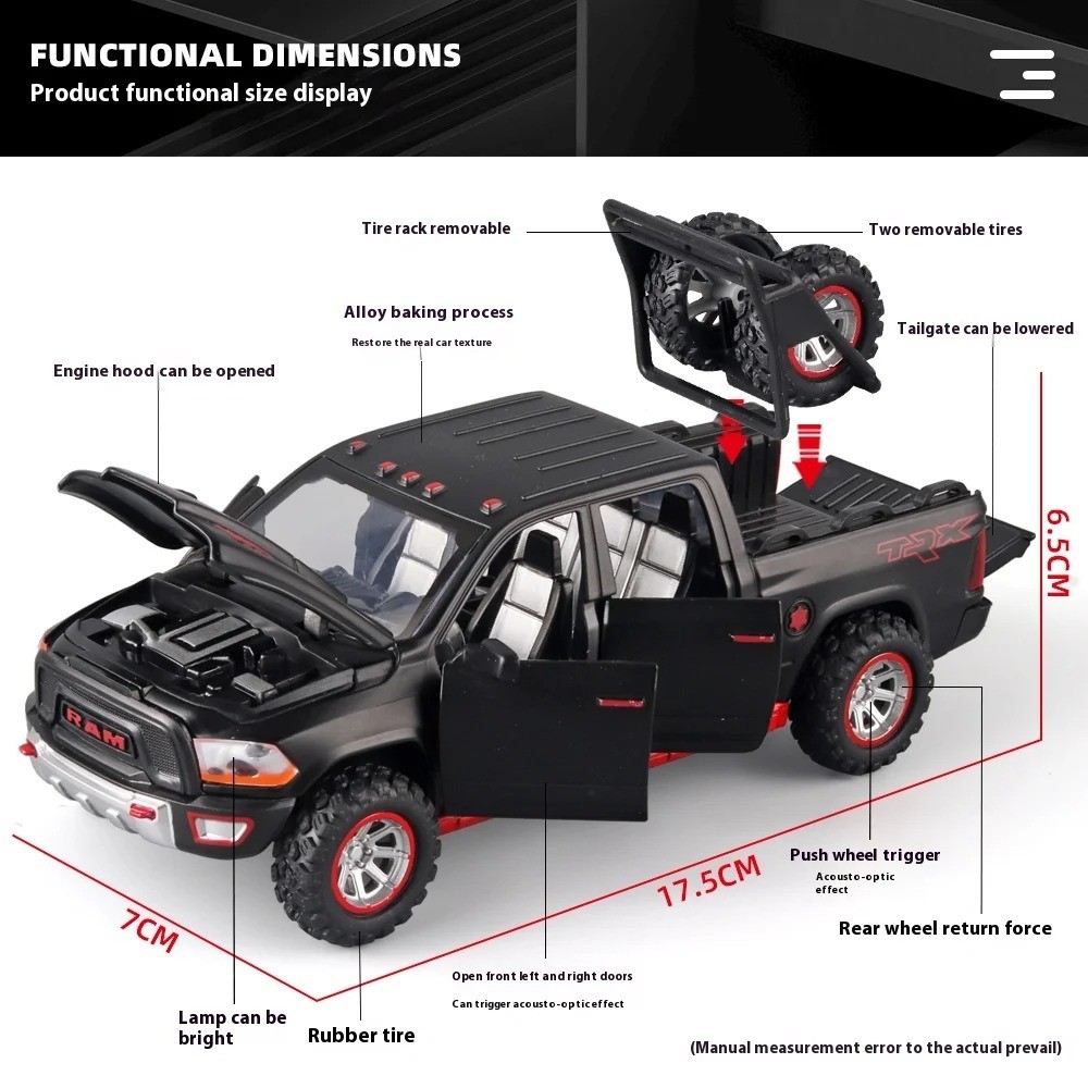 1:32 RAM Pickup Truck Diecast Model Toy w/ Light Sound Pull Back Alloy Car