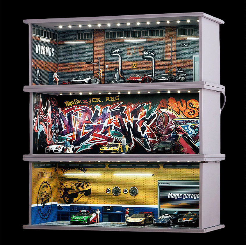 1:64 Diorama Car Garage Scene Model LED City Street Shop Model Collection Gifts