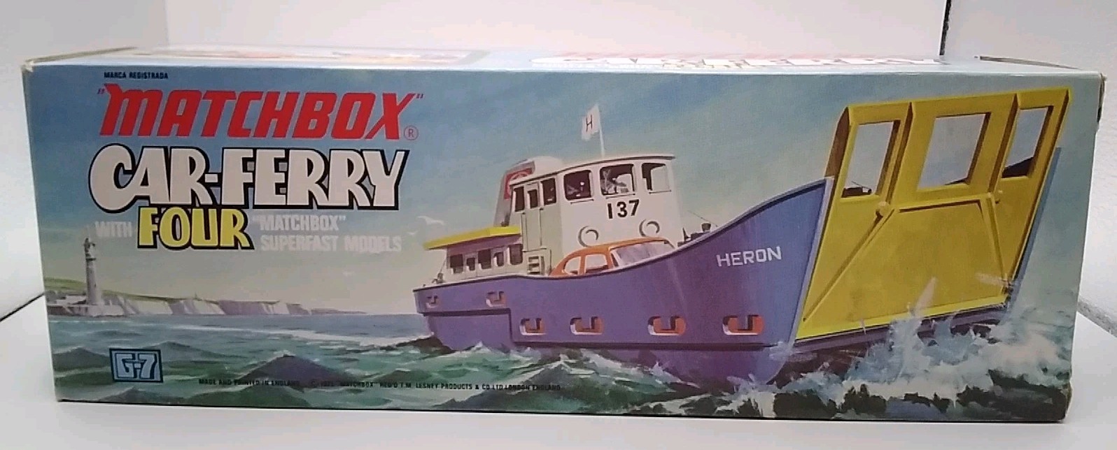 Matchbox Car-Ferry G-7 w/box, flag, paper 1971 – CARS MISSING!
