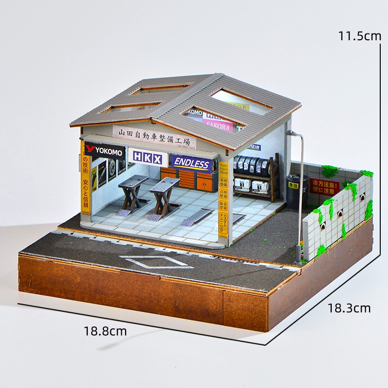 DIY Handmade 1/64 Diorama Car Garage Model LED Japanese Street Buildings Display
