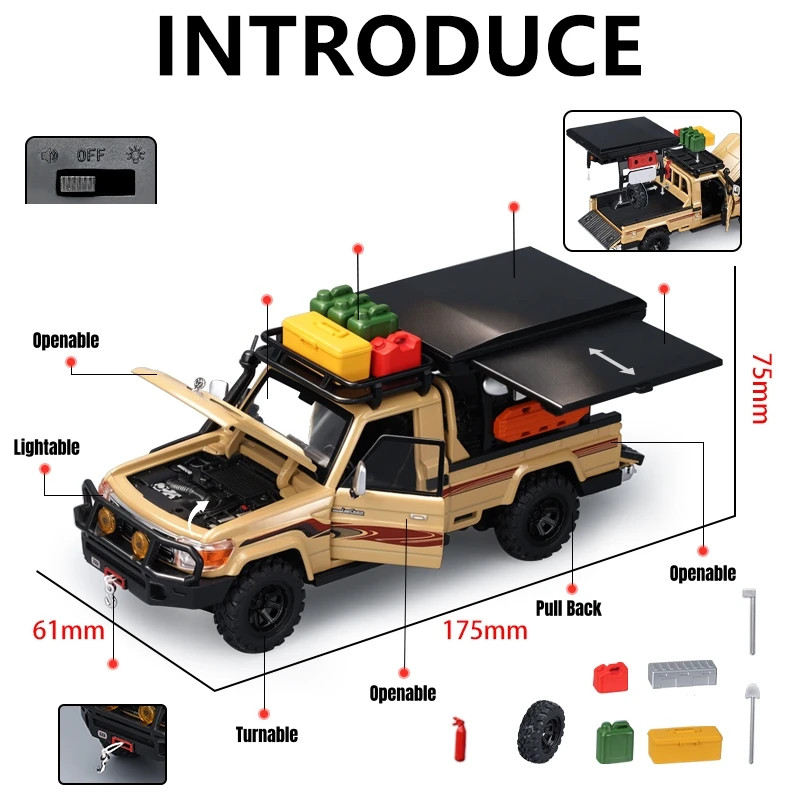 1/32 TOYOTA Land Cruiser LC79 Camping Off Road Toy Car Diecast Alloy Miniature P