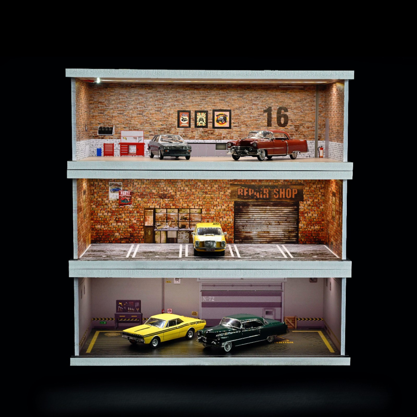 Diorama 1:43 Car Garage Model LED Lighting City Parking Lot Backdrop Scene Model