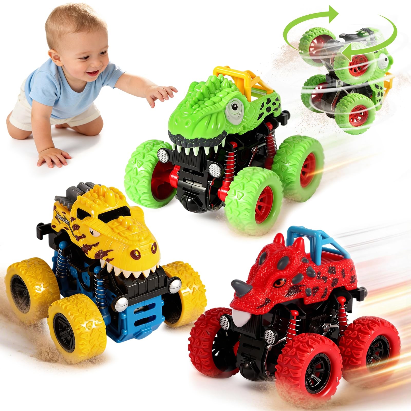 Dinosaur Toys 3 Pack Friction Power 360Â° Rotating Push and Go for Ages 2-5