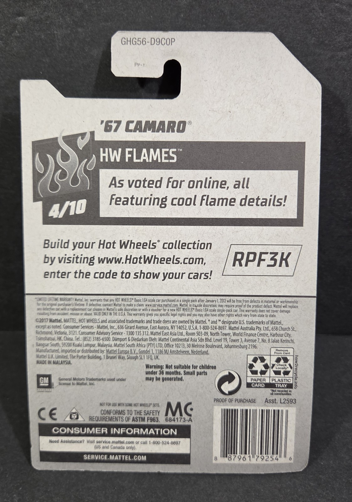 2018 HOT WHEELS ’67 Camaro Black “Kroger Exclusive” HW Flames, Free Shipping