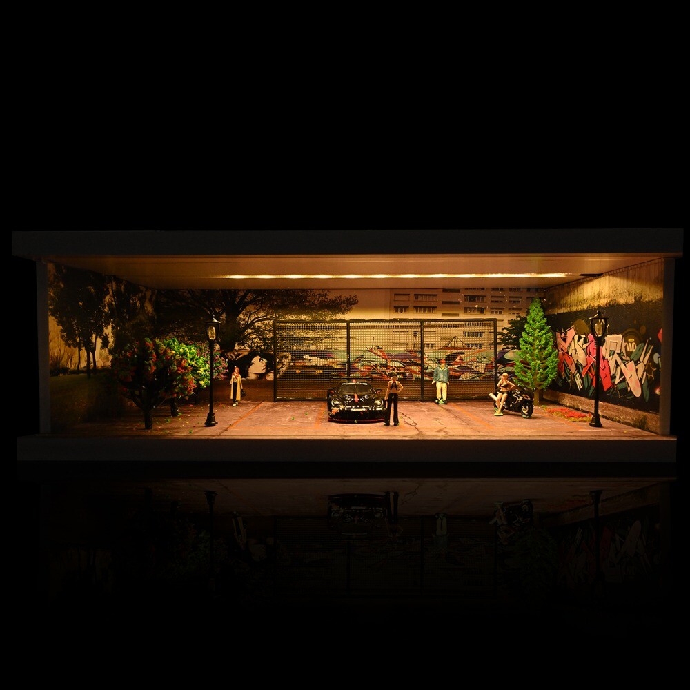 Diorama 1/64 Die-Cast Car Garage Model LED Street Parking Lots Display Scene US