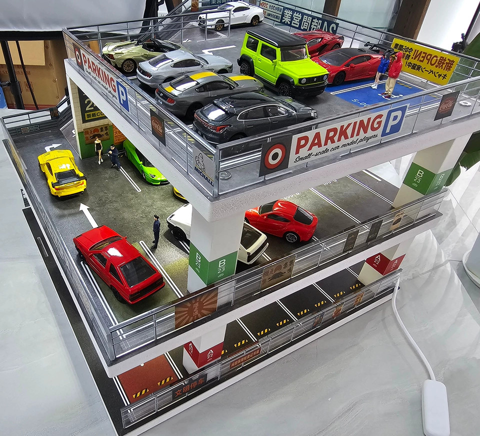 1/64 Diorama Diecast Car Garage Model LED 3-Layer Parking Lots Building Scene US