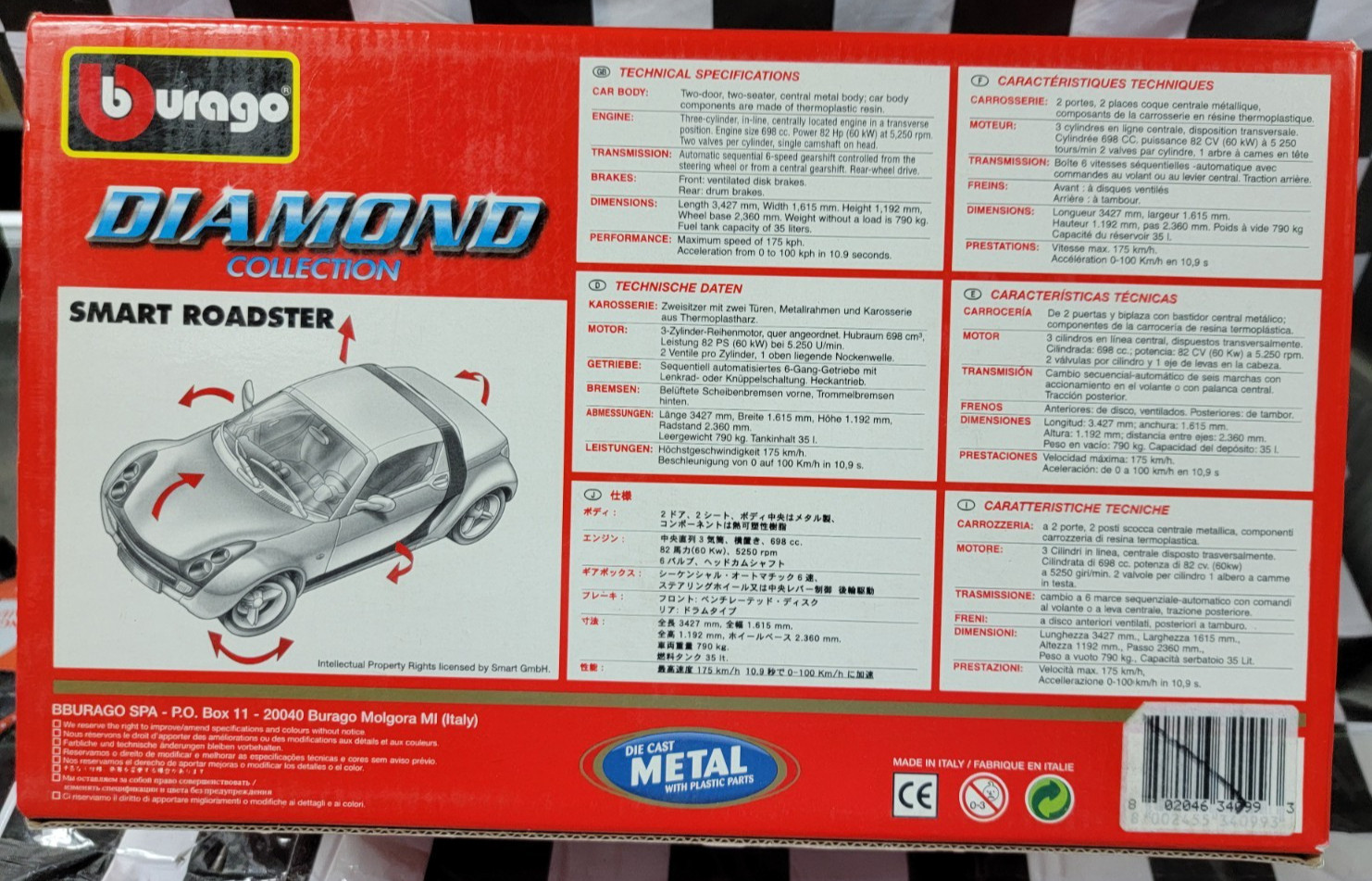 NEW Burago Diamond Coll. 1/18 MCC Smart Roadster Diecast Black Removable Top