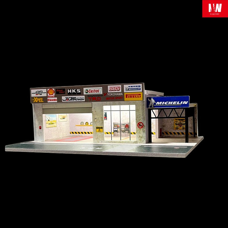 Diorama 1:64 Car Garage Model LED Lighting Repair Shop Building Scene Model Toy