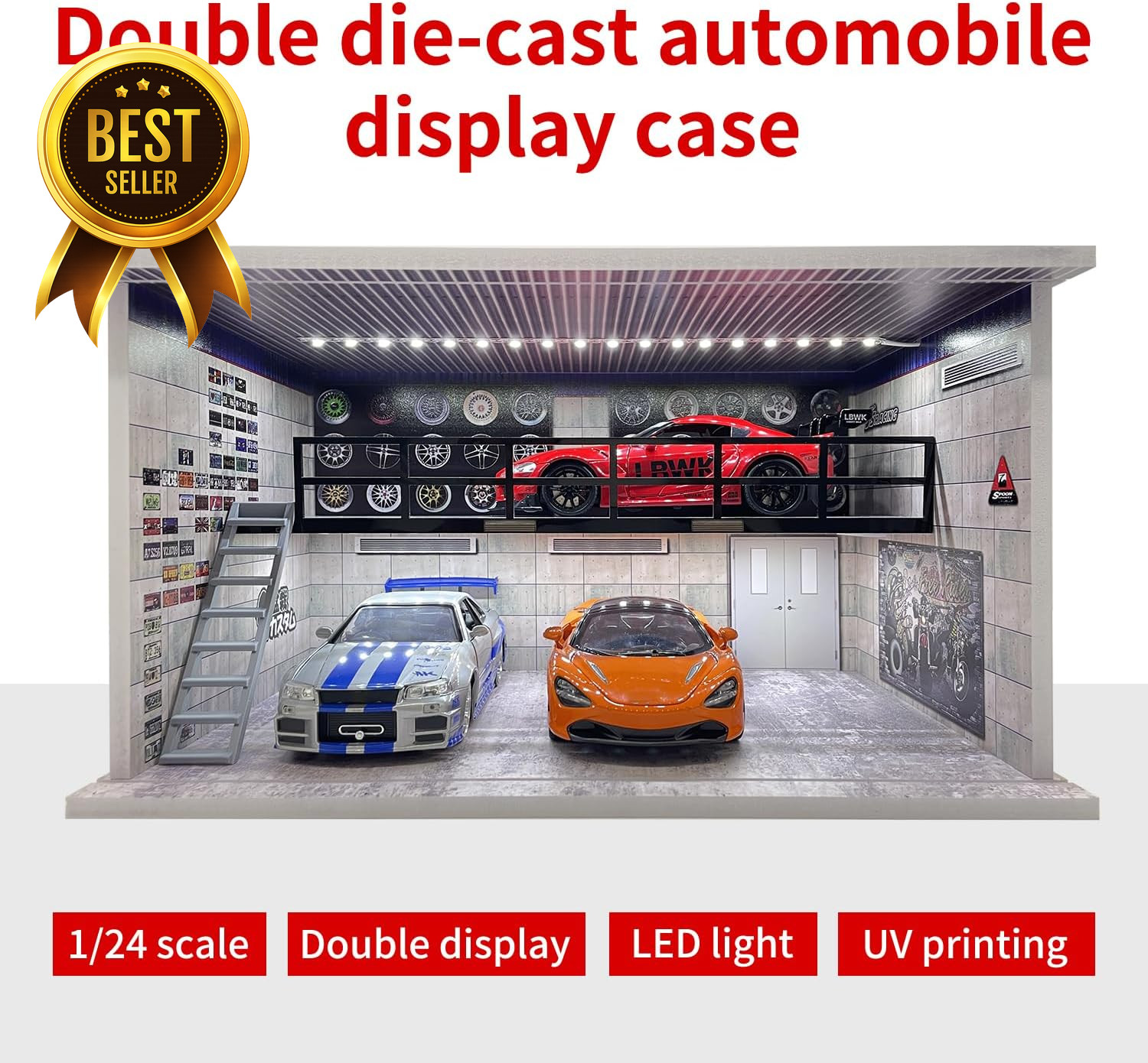 1:24 Die Cast Car Display Case Garage Diorama with Lights Acrylic Cover 4 Spaces