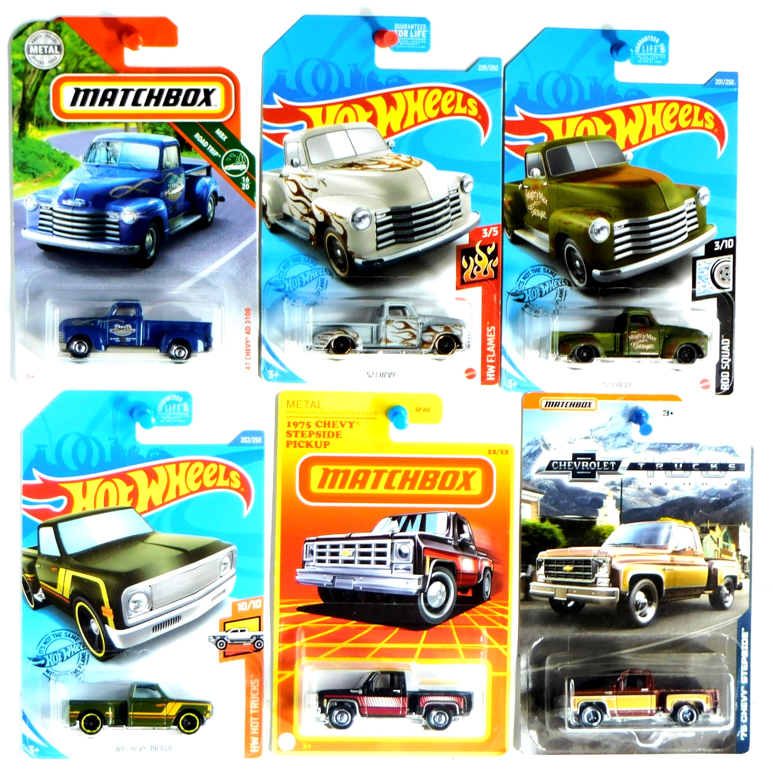 Hot Wheels & Matchbox – 1947-1952-1969-1975 “Chevy Pickups” Lot of 6.