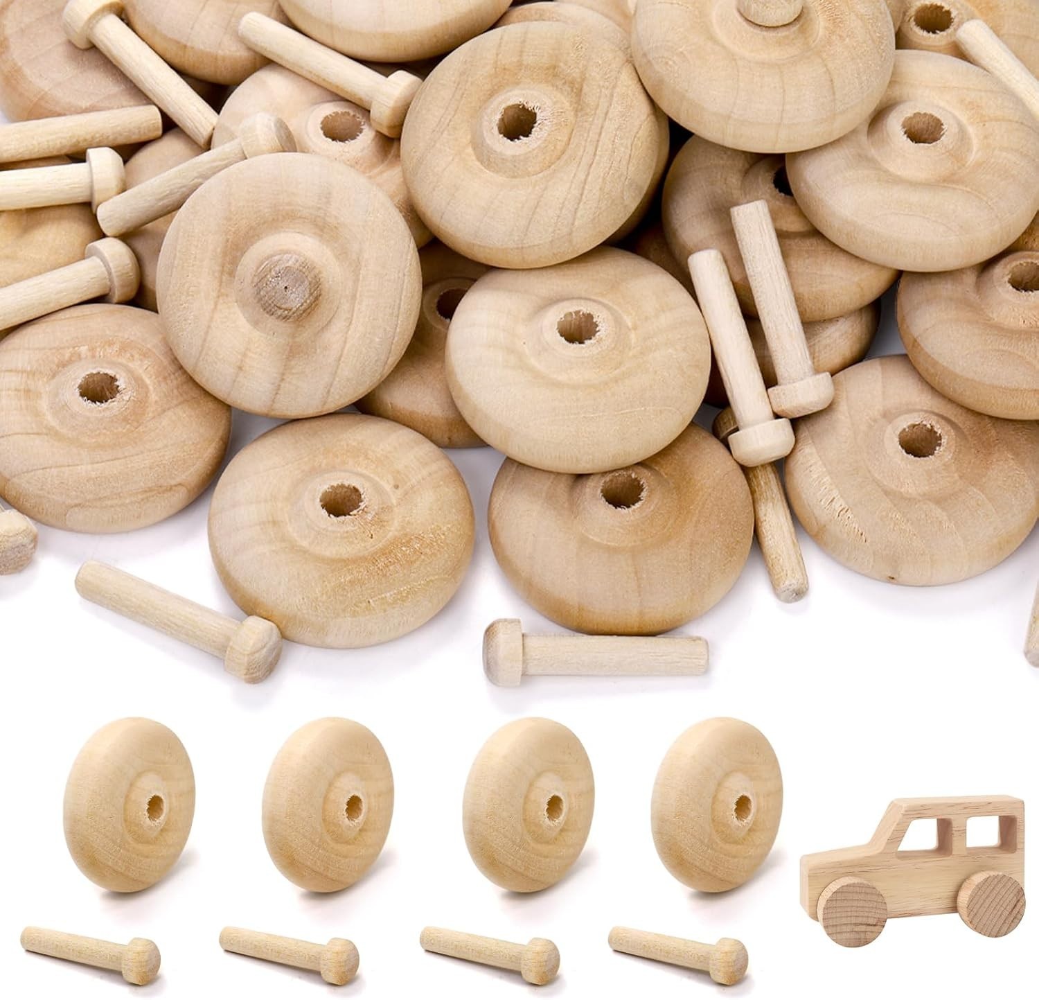 36 Sets Wooden Toy Car Wheels and Axles 1.5 Inch Wood Craft Parts for DIY Models