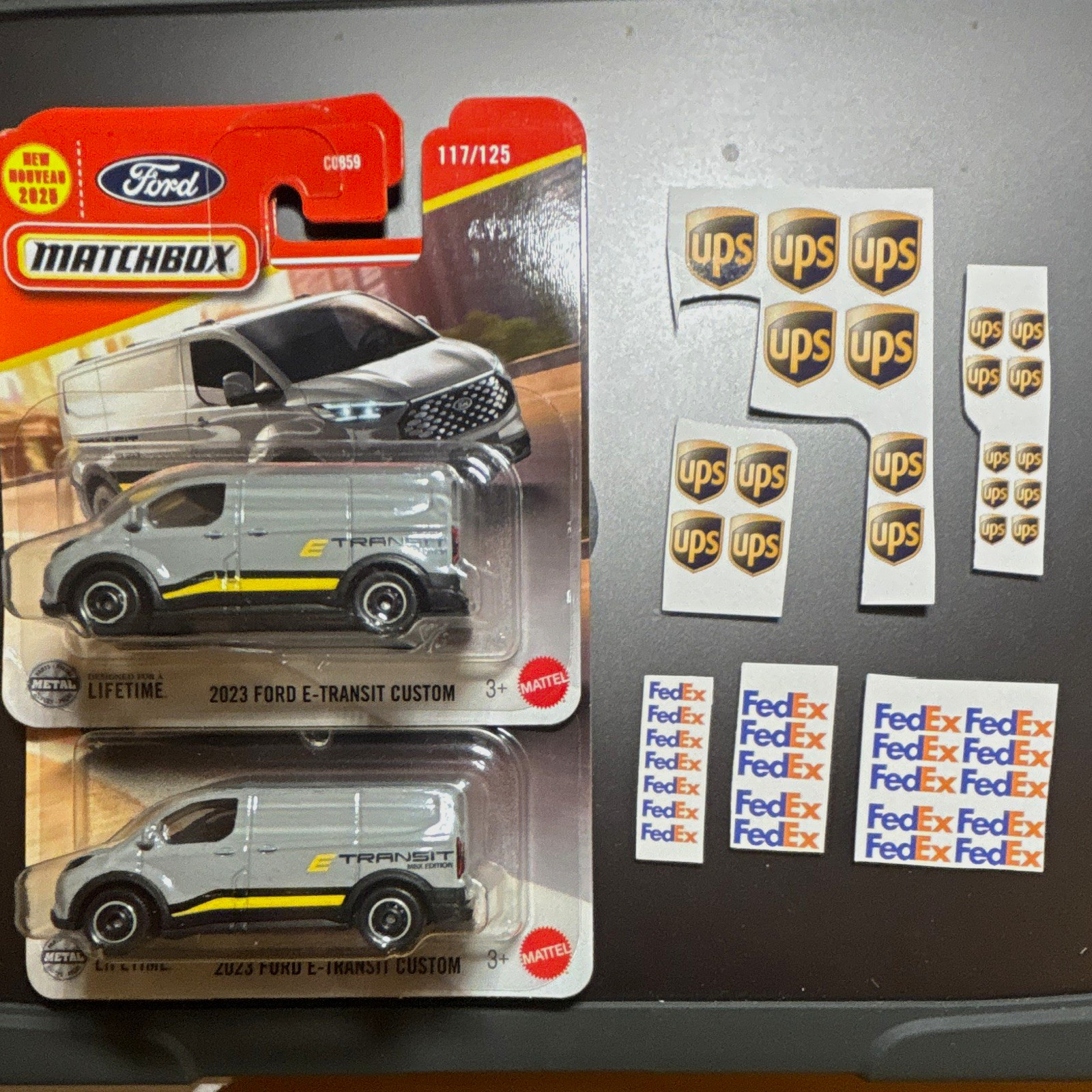2 Matchbox Ford Van: U-Make Custom UPS and Fed Ex 1:64 Diecast with waterslides