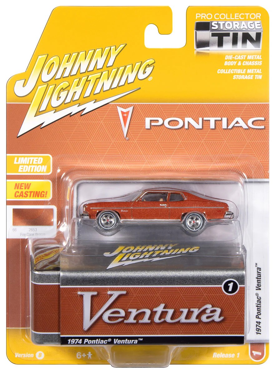 Johnny Lightning Fire Coral Bronze 1974 Pontiac Ventura W/ Storage Tin 1:64 Car