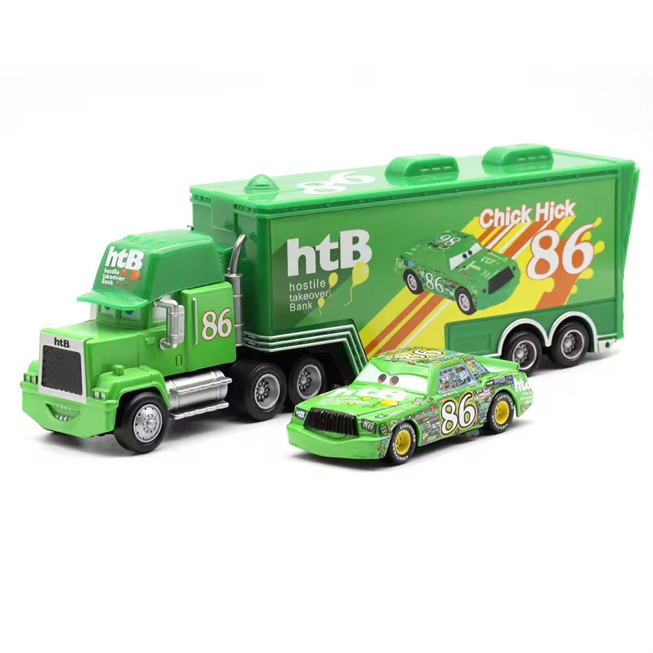 Disney Pixar Cars Shiny Wax No.86 Hauler Truck with Race Car 1:55 Diecast Metal