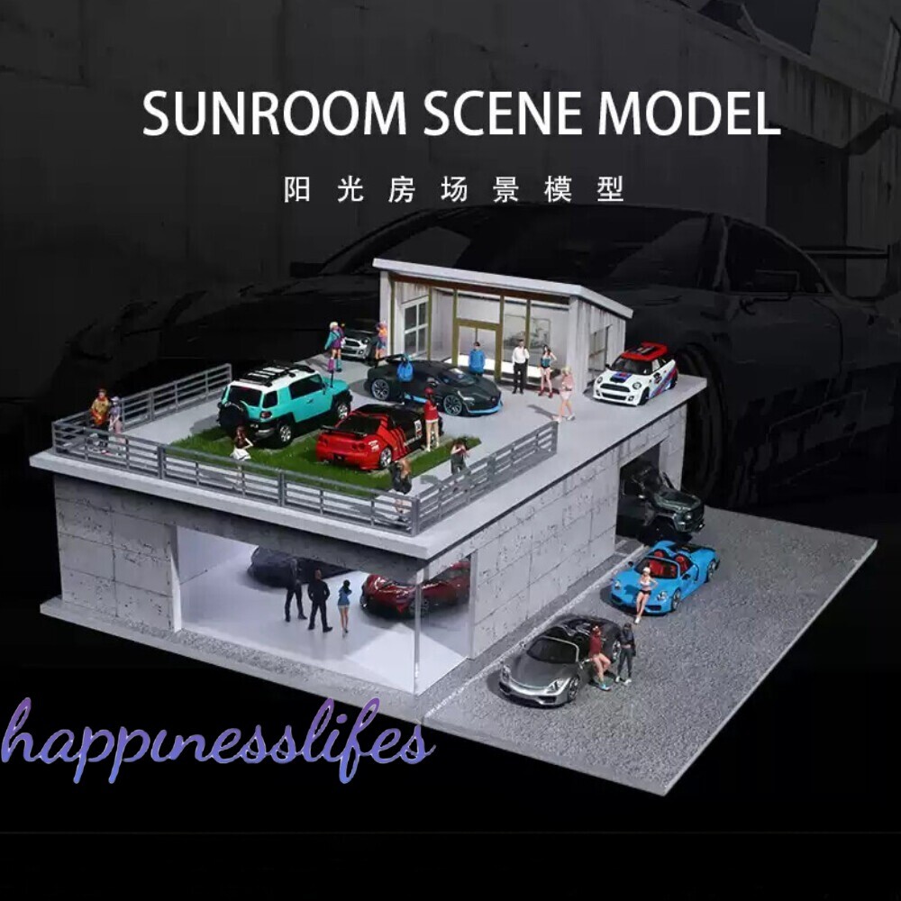 Diorama 1/64 Car Garage Model LED Sunroom Building Parking Lot Scene Model Gift