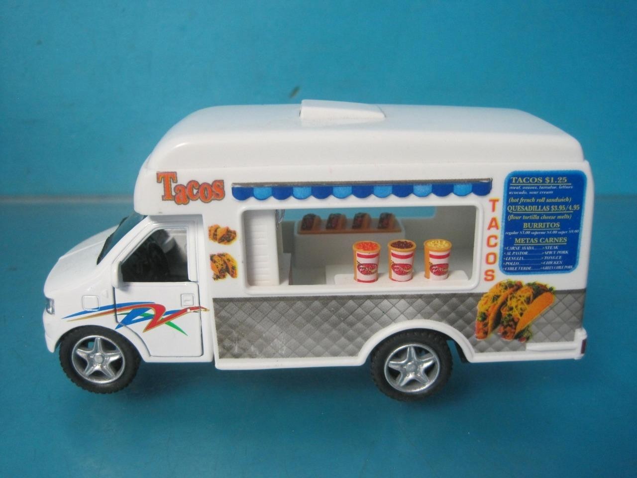 LOT OF 3 KINSFUN TACO FOOD TRUCK DIE CAST METAL PULLBACK ACTION TOY CAR VE-TACTR