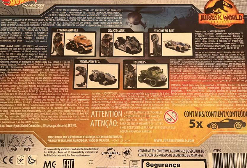 Jurassic World Hot Wheels Character Cars 5-Pack Toy Vehicles New With Box