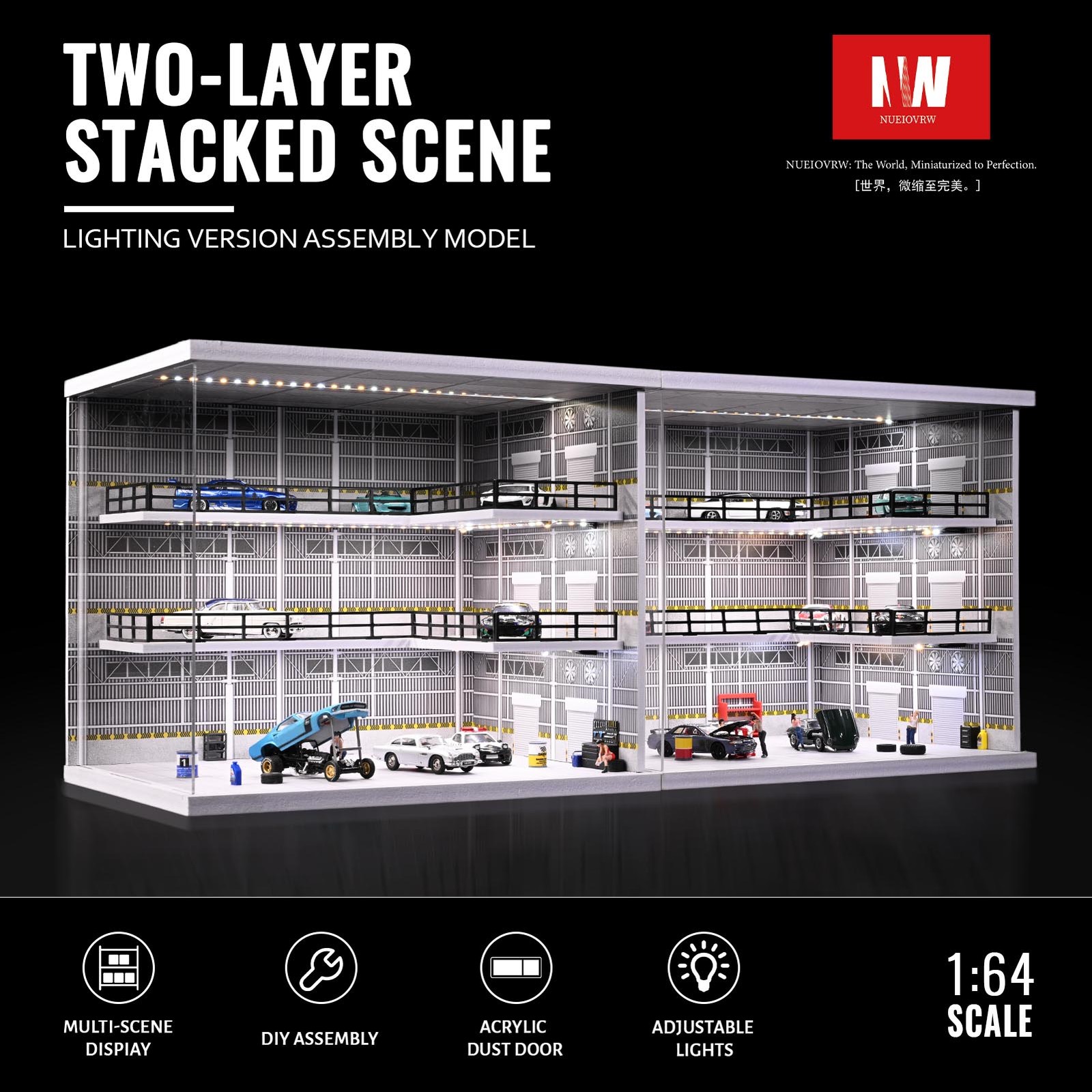 Diorama 1/64 Diecast Car Garage Model LED Street Building Multi-store Display US