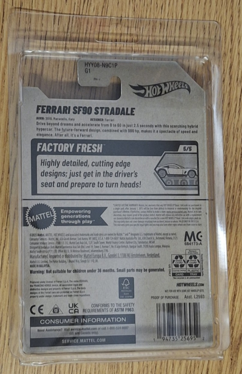 2025 Hot Wheels Ferrari SF90 Stradale 191/250 HYY08 Grey Factory Fresh Protector