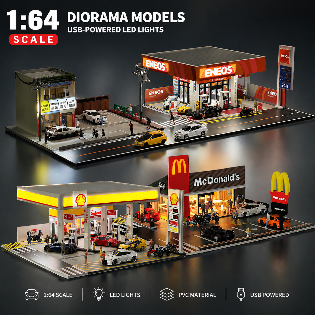 1/64 Diorama Diecast Garage Scene Street Building Parking Lot Model LED Light US