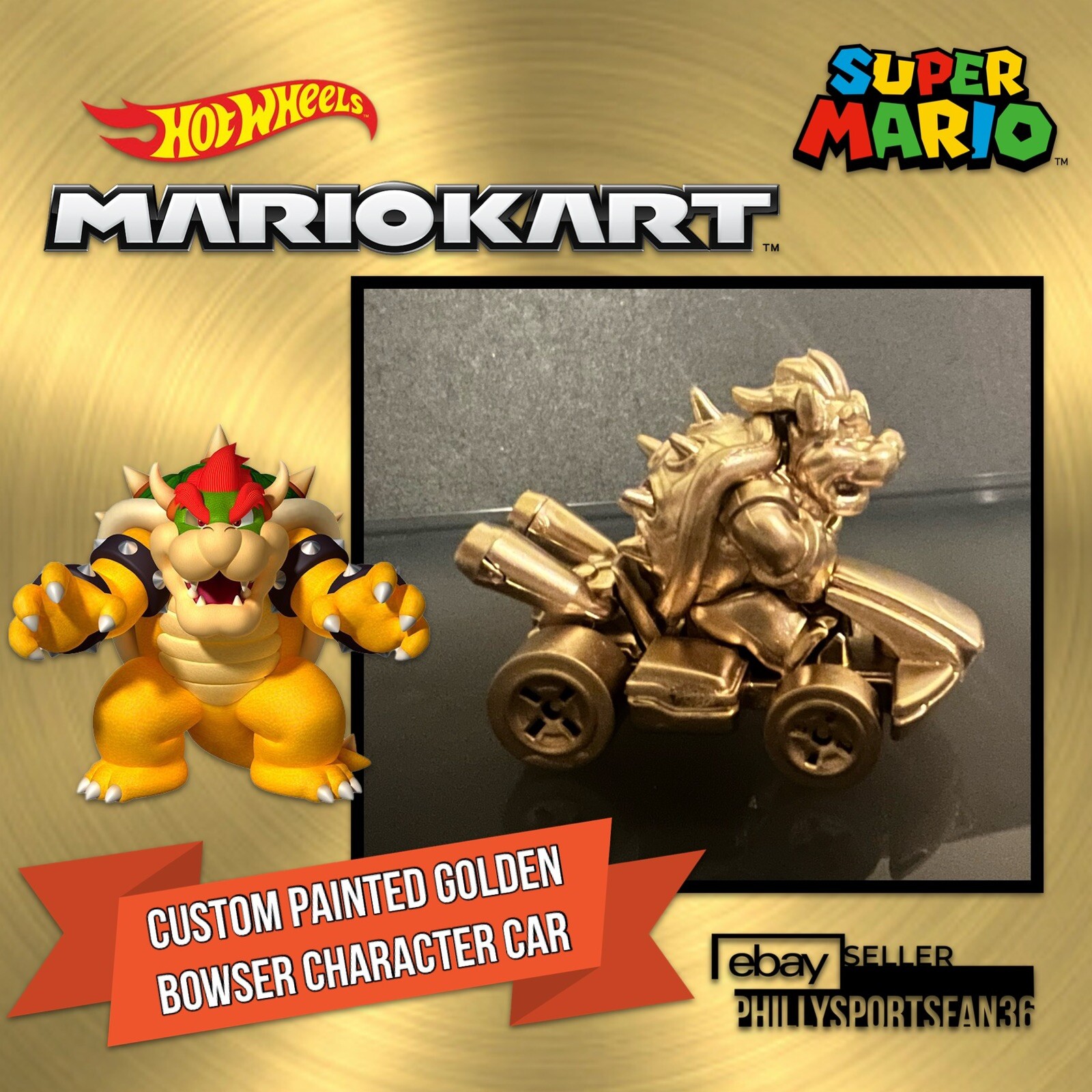 BOWSER STANDARD KART Hot Wheels Mario Kart 2022 TOTY Mattel Custom GOLD PAINTED