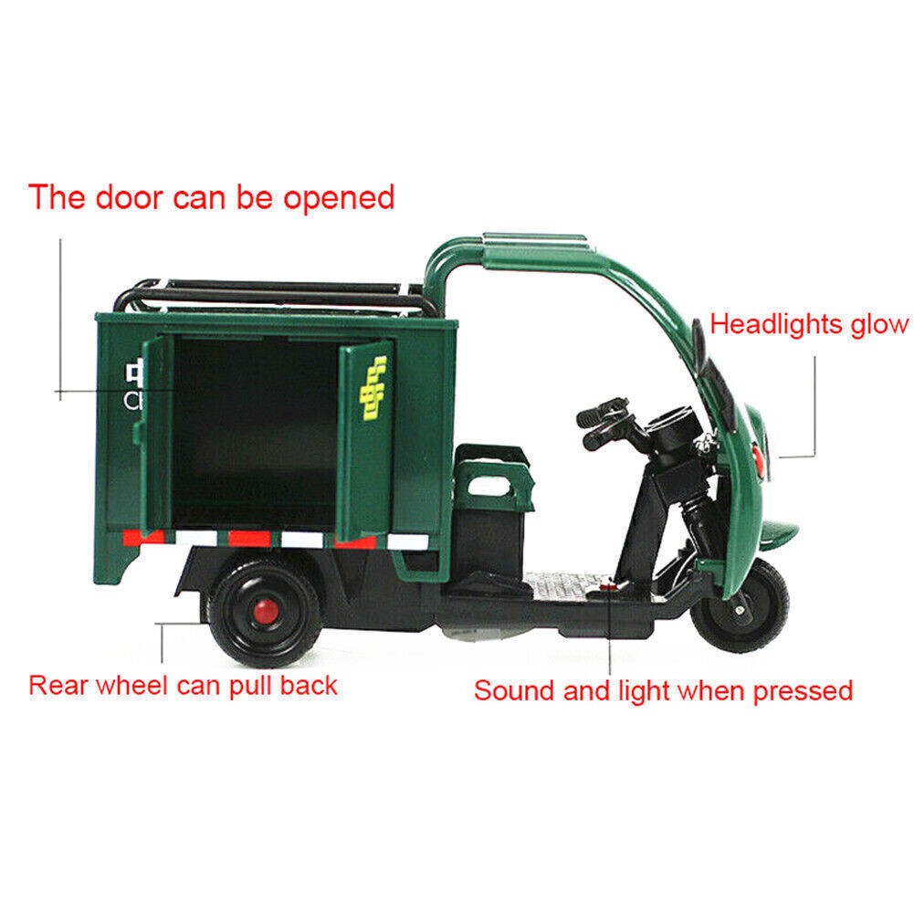 High Simulation China Post Express Car Tricycle Alloy Model With Sound And Light