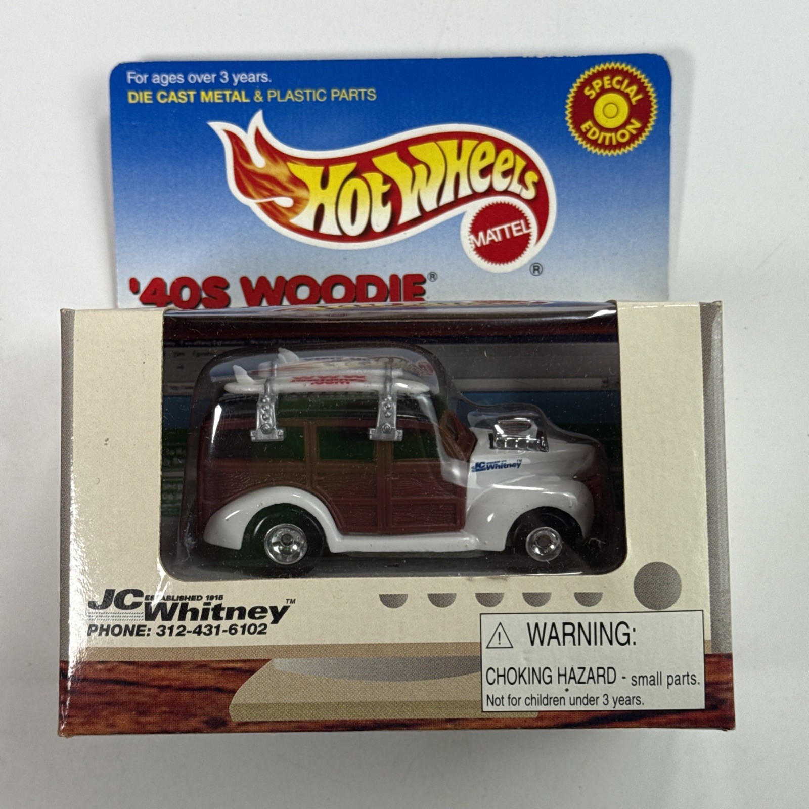 1999 Hot Wheels JC Whitney 1940 ’40s WOODIE w/ Surfboards Special Edition White
