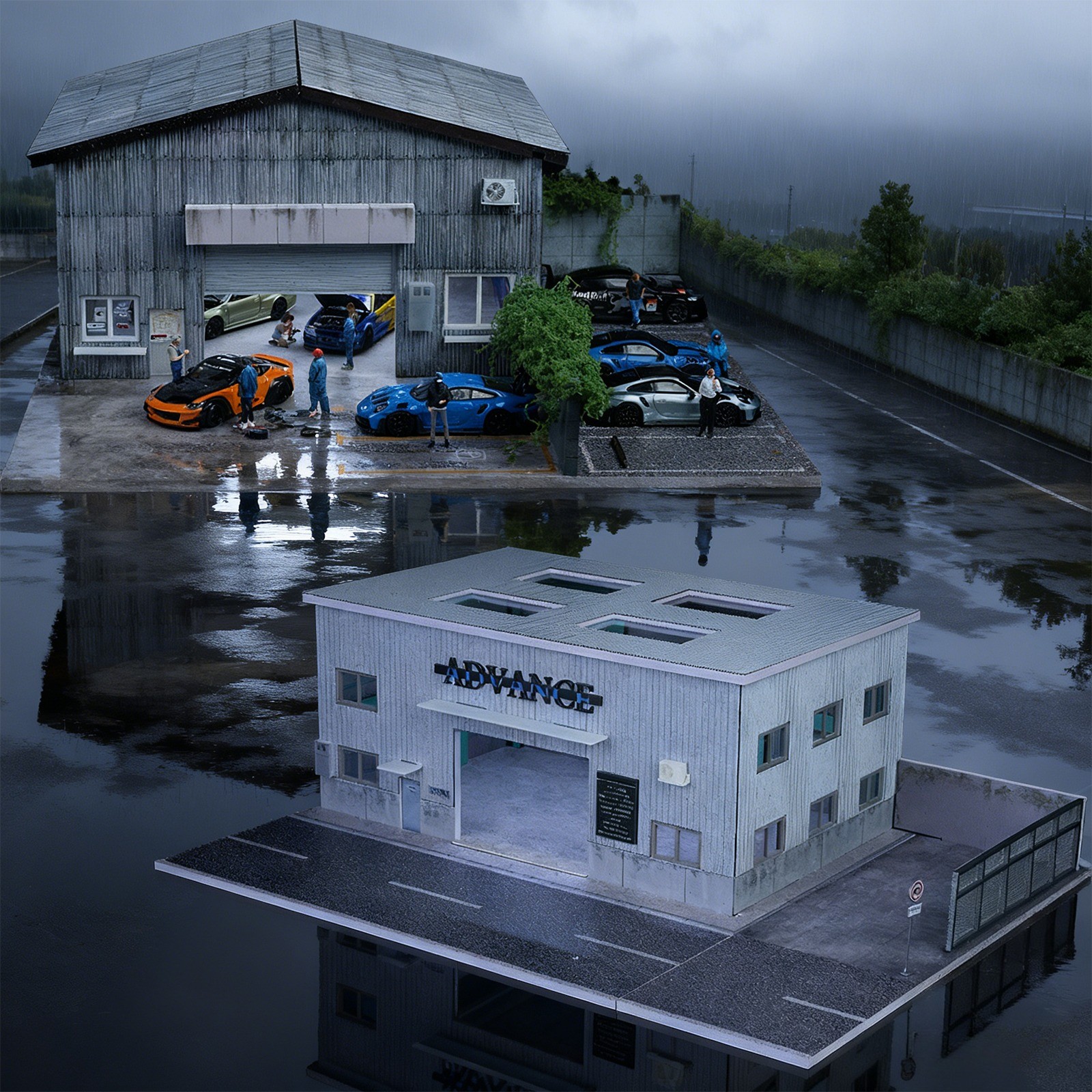 Diorama 1/64 Car Garage Model City LED Repair Shop Street Building Display Model