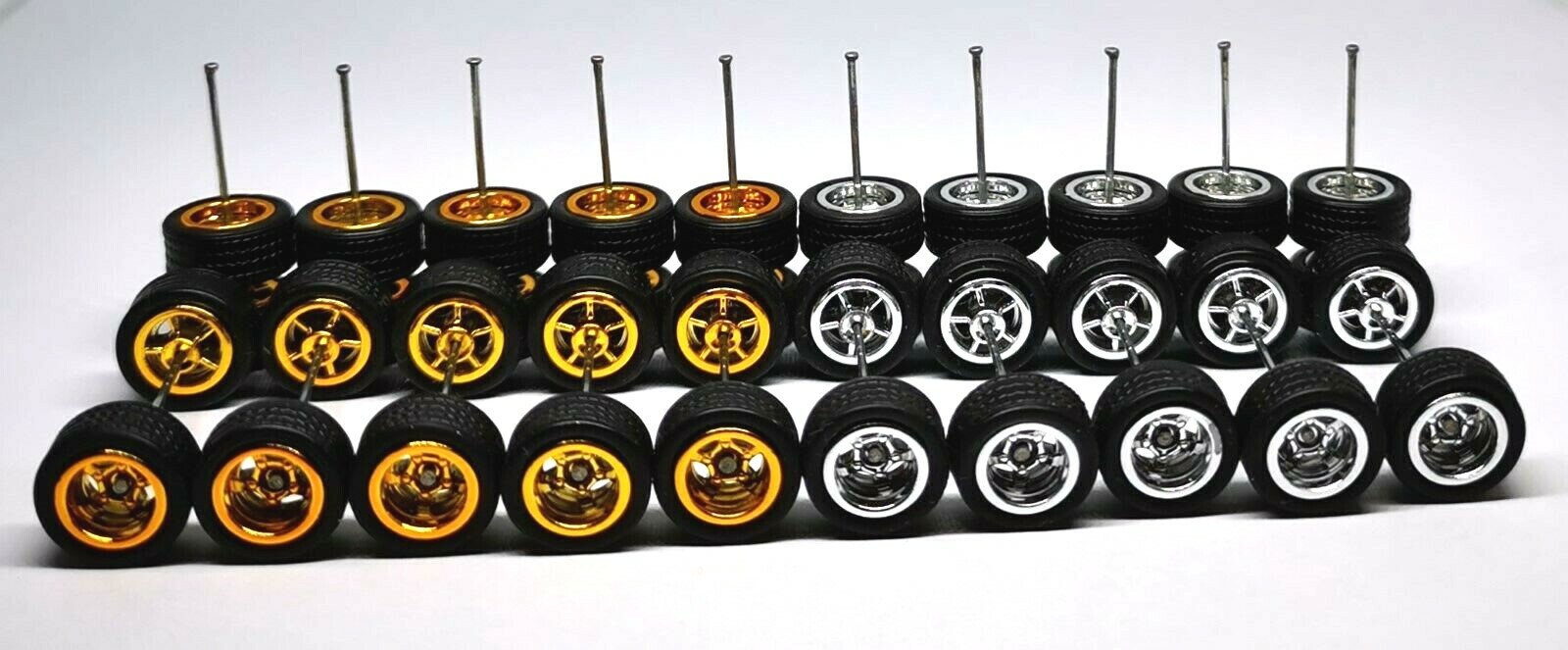 Hot Wheels 5 Spoke Rubber Tire – 10 sets JDM (2 colors MIX 5 Gold + 5 Chrome)
