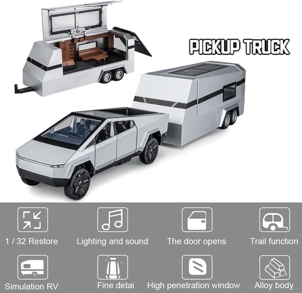 1:32 Tesla Diecast Pickup Trailer Model Toy Truck Car Toy with Sound&Light US