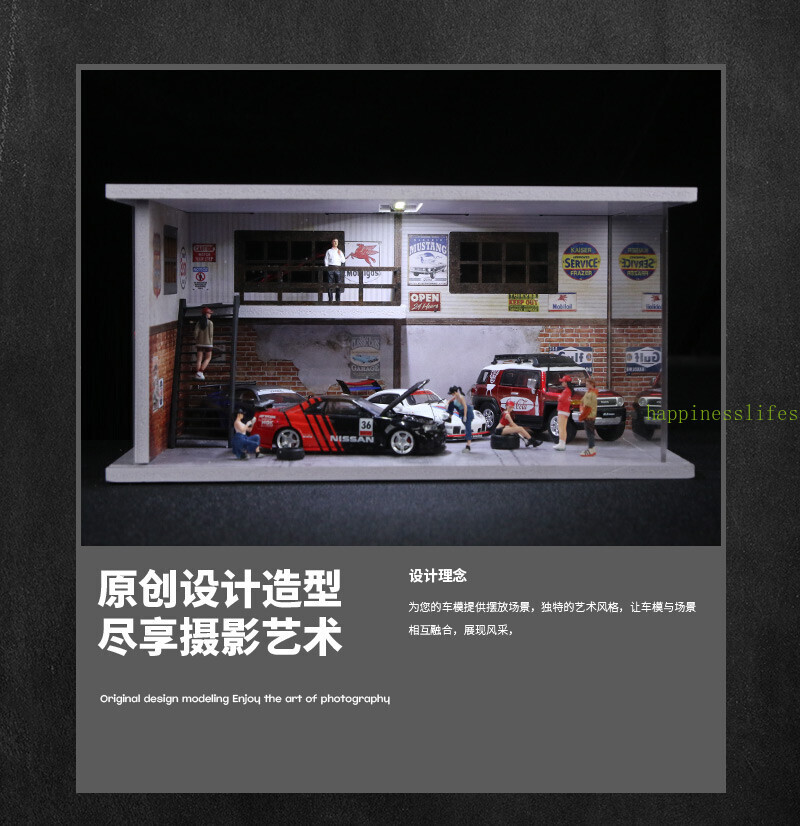 Diorama 1/64 Car Garage Model LED Lighting City Car Repair Shop Scene Model Toy