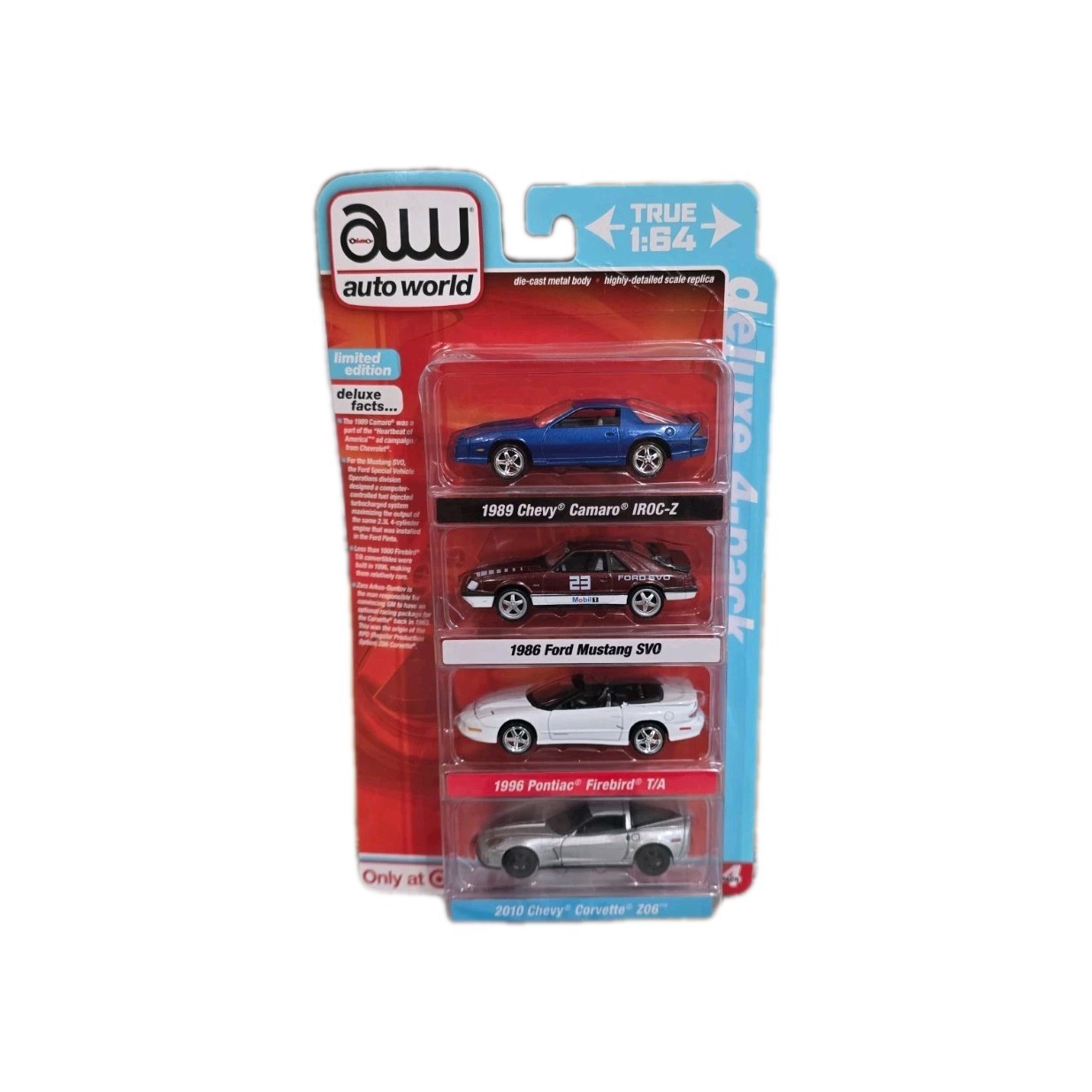 Auto World 1:64 Target Exclusive 4-Pack Mustang SVO Camaro Firebird Corvette New