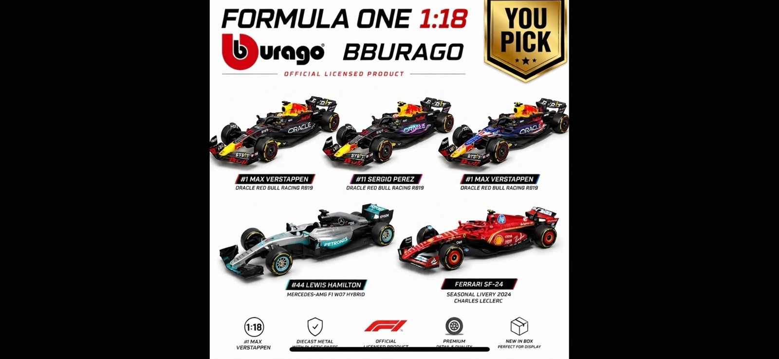 Burago 1:18 Formula One Max Verstappen Perez Hamilton Leclerc Red bull You Pick