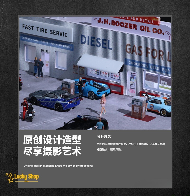 Diorama 1/64 Car Parking Lot Model LED Lights City Car Gas Station Scene Display