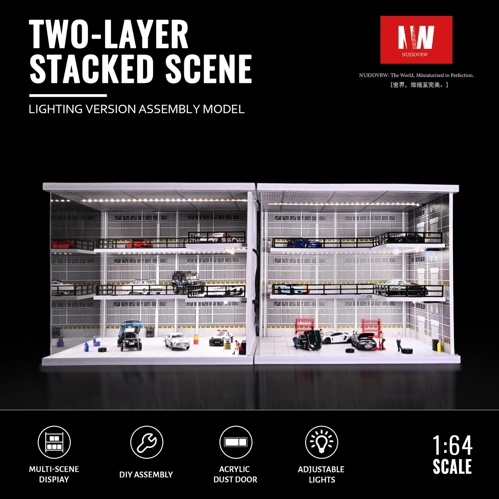 Diorama 1/64 Diecast Car Garage Model LED Street Building Multi-store Display US