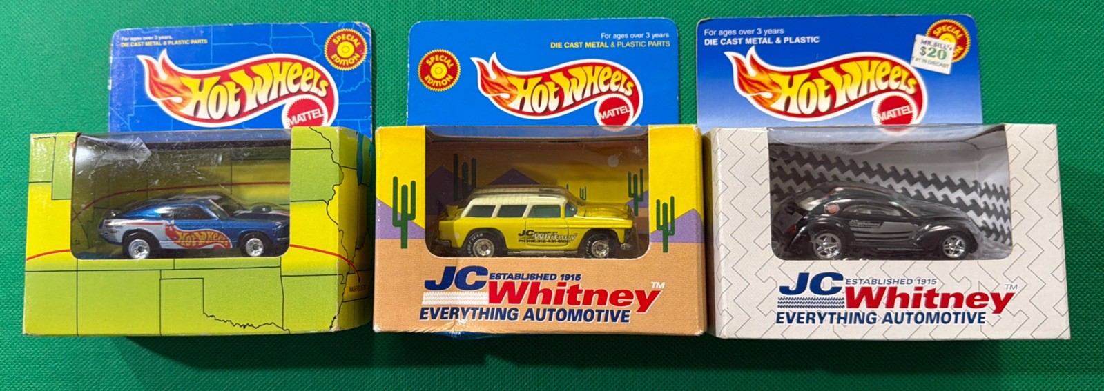 Hot Wheels 1998/1998 JC WHITNEY (2) + Scott Wahlstrom Ford Mustang (1) 3 Cars
