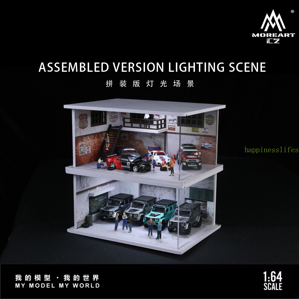 Diorama 1/64 Car Garage Model LED Lighting City Car Repair Shop Scene Model Toy