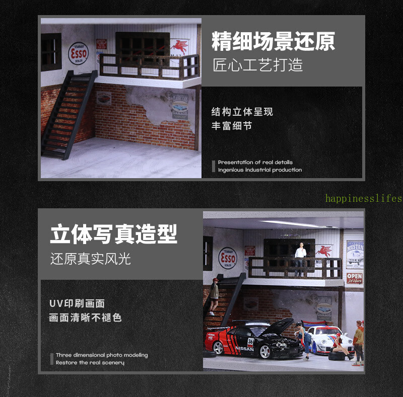 Diorama 1/64 Car Garage Model LED Lighting City Car Repair Shop Scene Model Toy