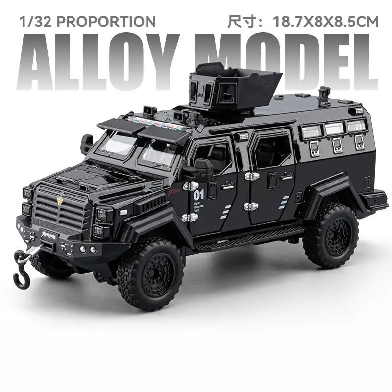 1:32 Police Armored Off-Road Diecast Car Model – Alloy Military Truck w/ Light