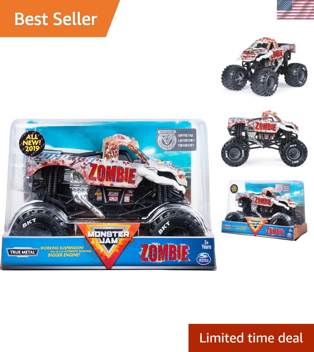 Official Zombie Monster Truck, Collector Die-Cast Vehicle, 1:24 Scale, Kids T…