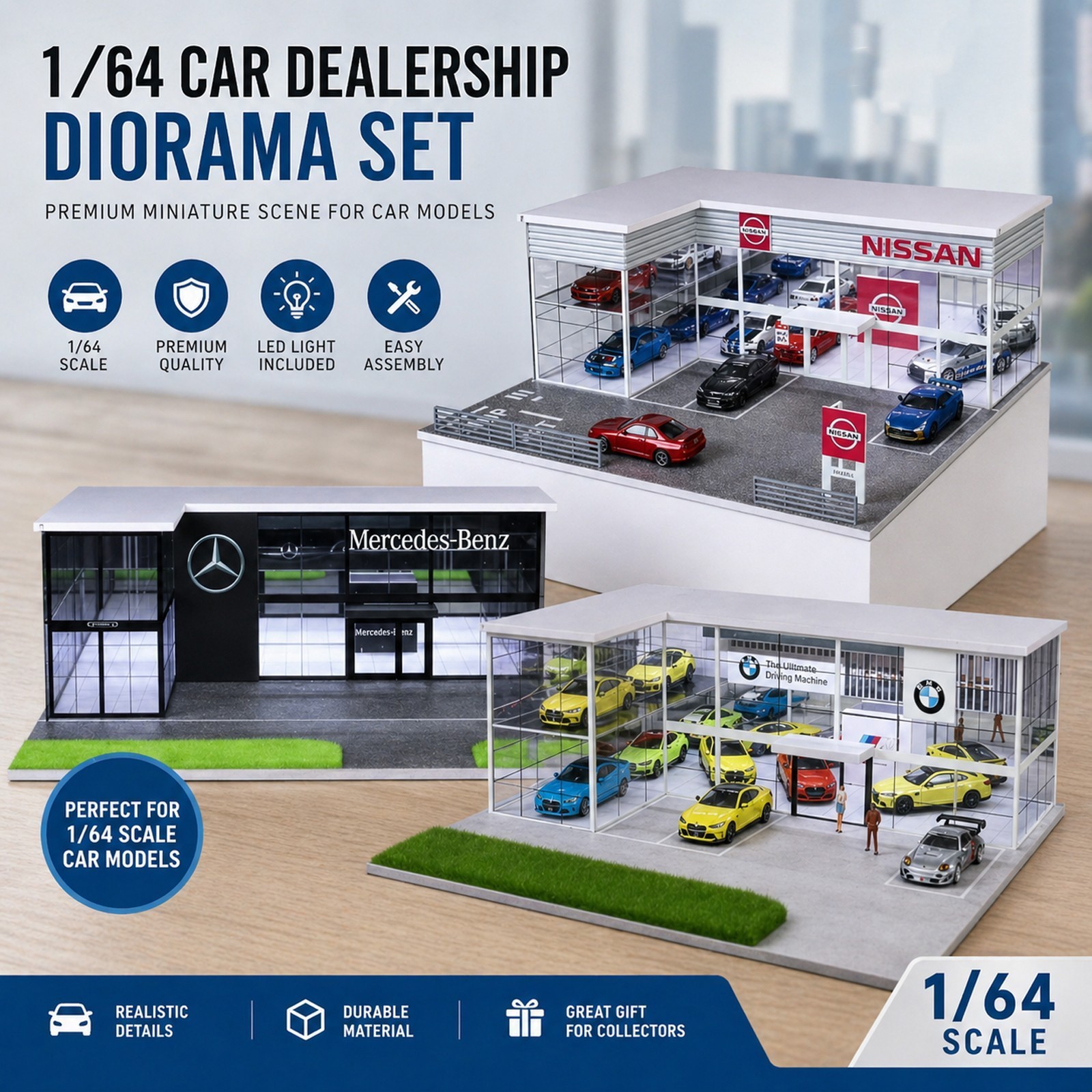 1/64 Diorama Car Garage Model LED Lighting Gas Stations Parking Lot Scene Model
