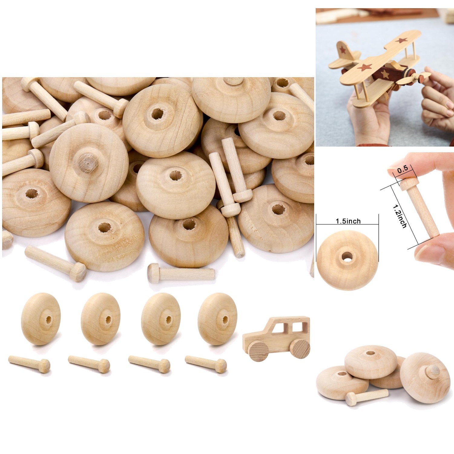 36 Sets Wooden Toy Car Wheels and Axles 1.5 Inch Wood Craft Parts for DIY Models