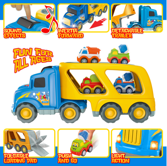 5-in-1 Carrier Truck Toy Set w/ Lights & Sound – Car Gift for Kids 3 – 7 years